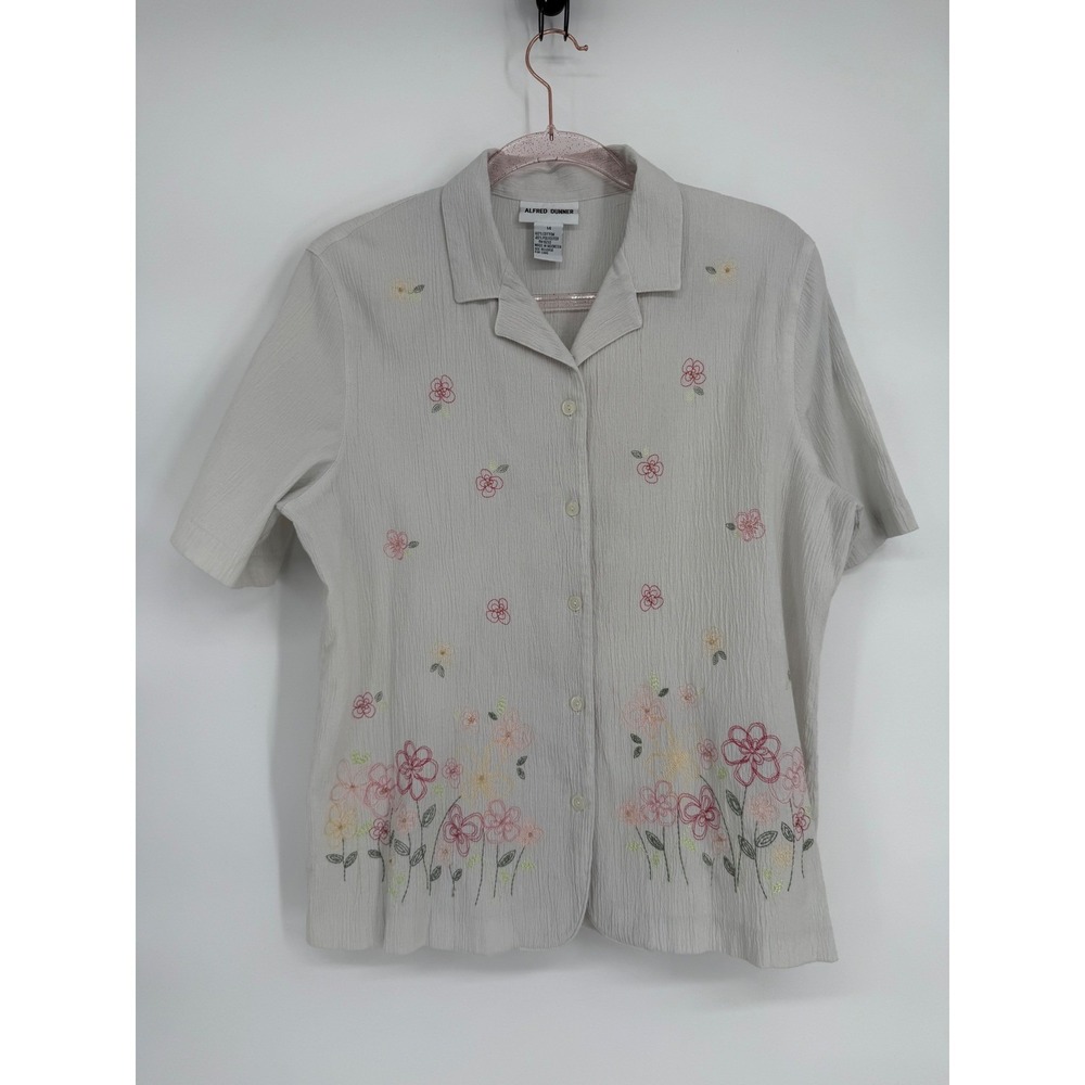 Alfred Dunner Womens 14 Gray Floral Embroidered Short Sleeve Button Up Blouse